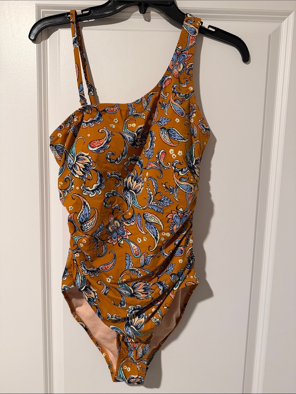 Garnet Hill Mustard Floral One-Piece Swimsuit with Blue and Pink Accents